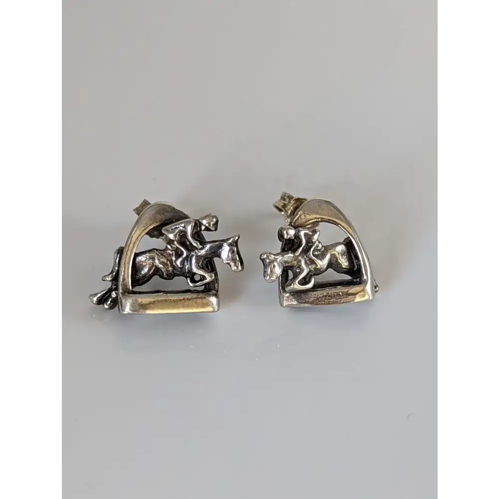 Silver Steed 3D Jump over the Stirrup Stud Earrings Earrings