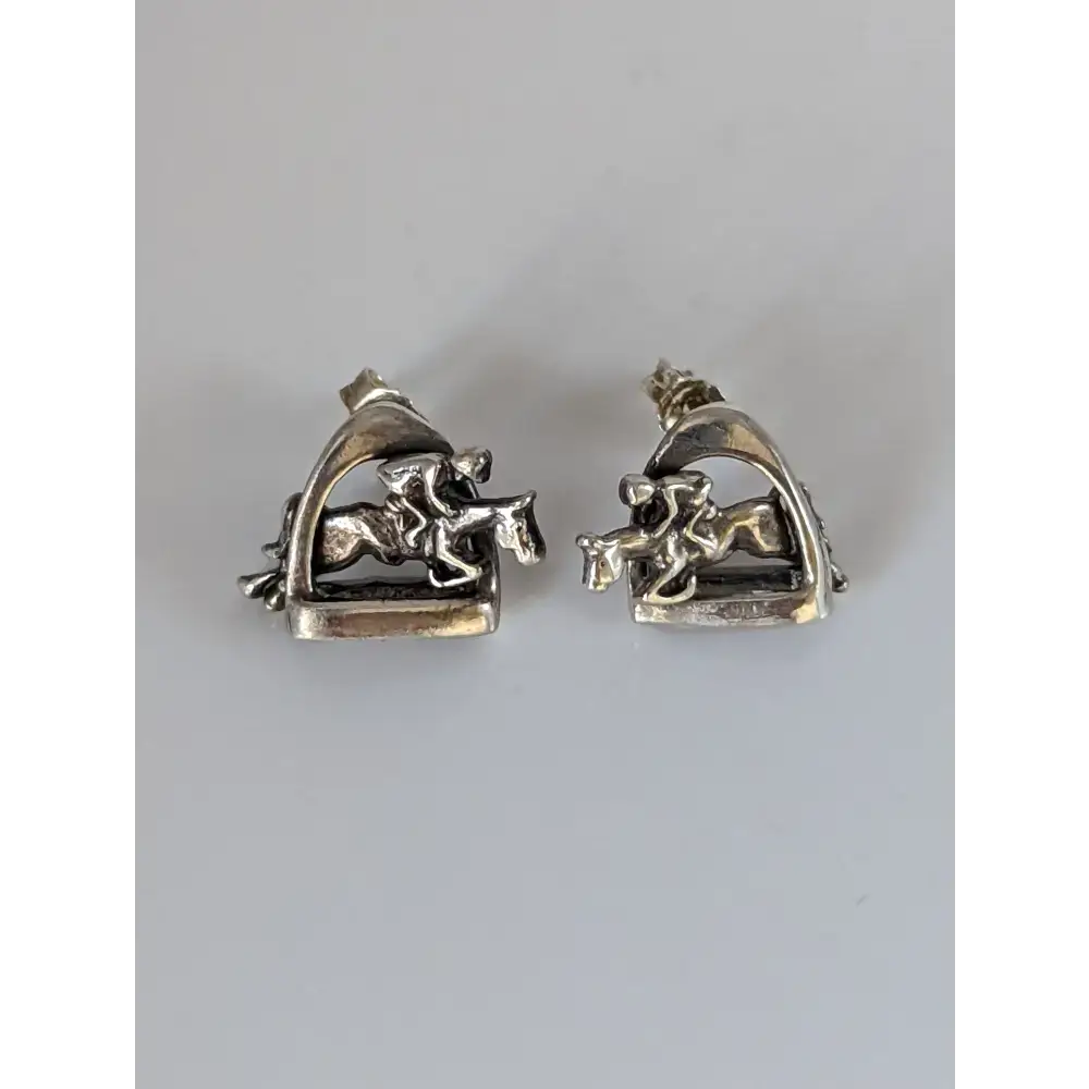 Silver Steed 3D Jump over the Stirrup Stud Earrings Earrings