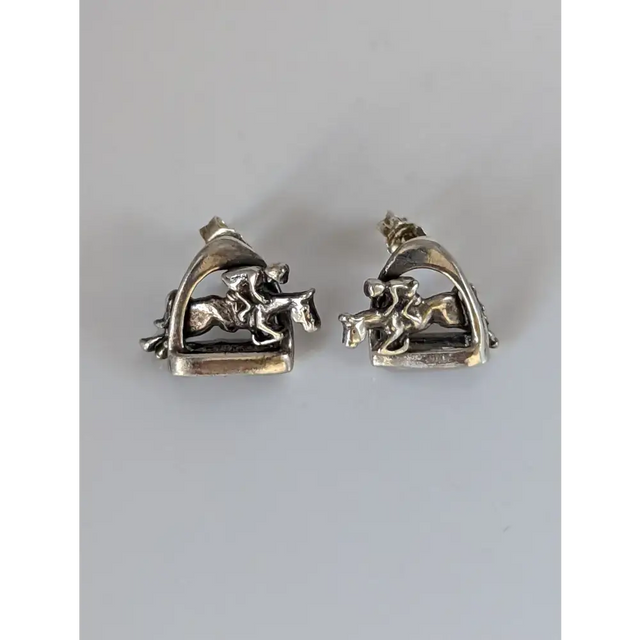 Silver Steed 3D Jump over the Stirrup Stud Earrings Earrings