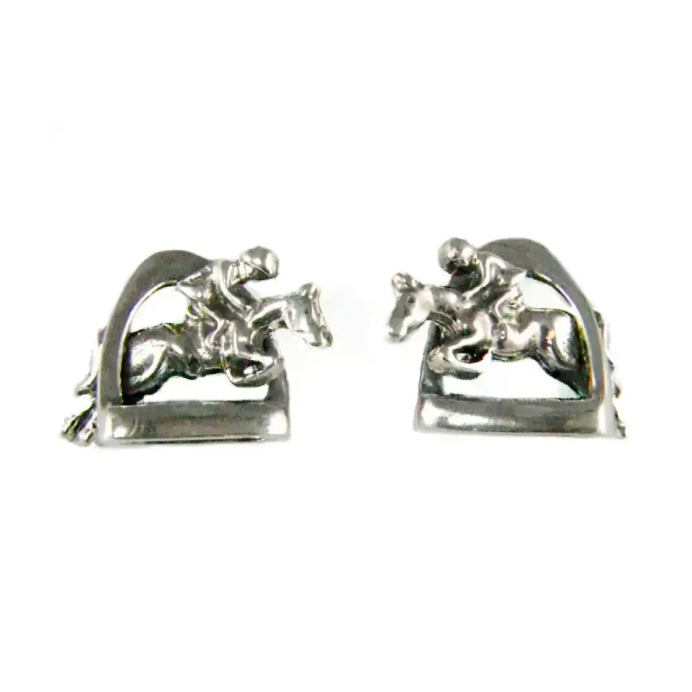 Silver Steed 3D Jump over the Stirrup Stud Earrings Earrings