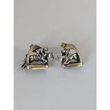 Silver steed stirrup stud earrings with detailed 3d jump horse and rider figures in silver equestrian design