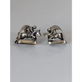 Silver steed stirrup stud earrings featuring detailed 3d jump horse and rider sculpted in silver