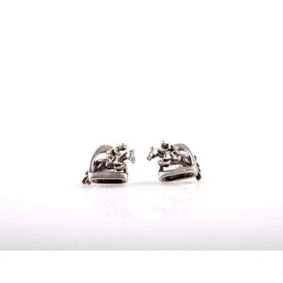 Silver steed stirrup stud earrings with detailed 3d jump horse and rider charm in polished silver