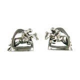 Silver steed stirrup stud earrings with silver metallic horse and jockey figurines in a steed 3d jump pose