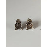 Silver steed alarm clock stud earrings in silver with vintage tarnished finish and small rounded feet details
