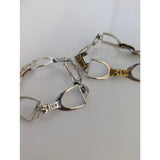 Silver steed stirrups bracelet with gold and silver toned horsebit polished metal links in equestrian design
