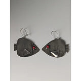 Silver steed angel fish dropped earrings featuring silver fish shape with red gemstone eyes and textured fins