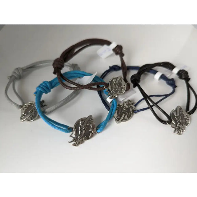 Silver steed world bracelet with silver dragon charms and braided leather cords in gray blue and black for equestrian fans