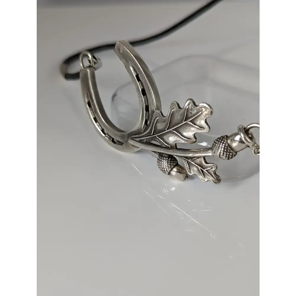 Silver Steed Big Horseshoe With Oak Leaves and Acorns On Cord Necklace Necklaces
