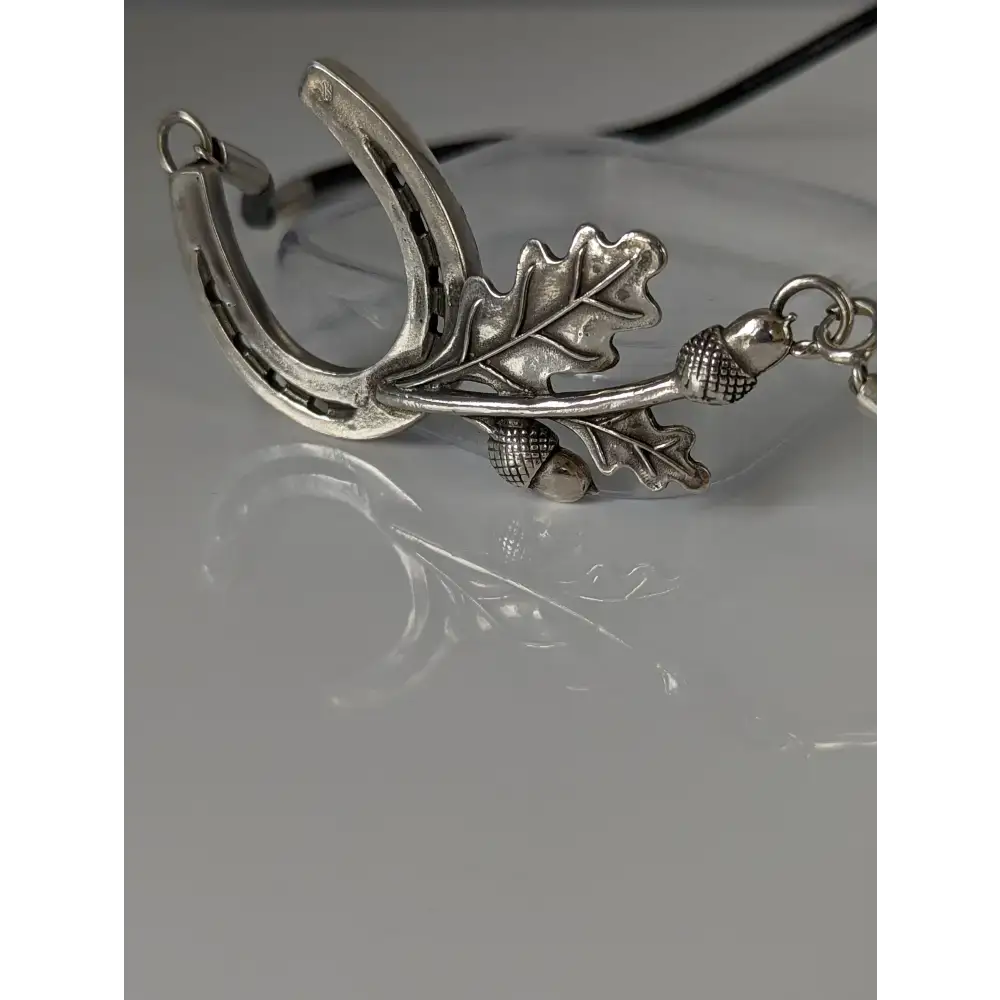 Silver Steed Big Horseshoe With Oak Leaves and Acorns On Cord Necklace Necklaces