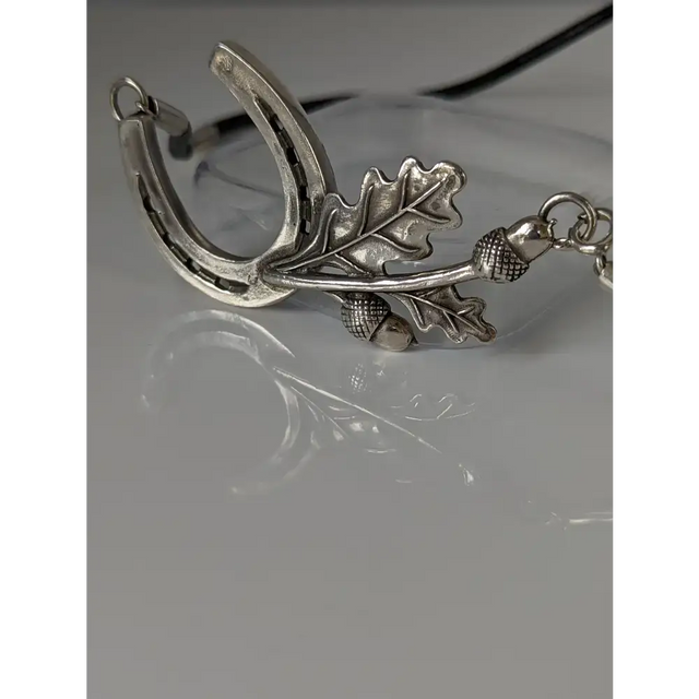 Silver Steed Big Horseshoe With Oak Leaves and Acorns On Cord Necklace Necklaces