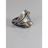Silver steed big leaf ornament silver ring featuring hammered texture with silver and gold-toned leaf design sterling silver ring