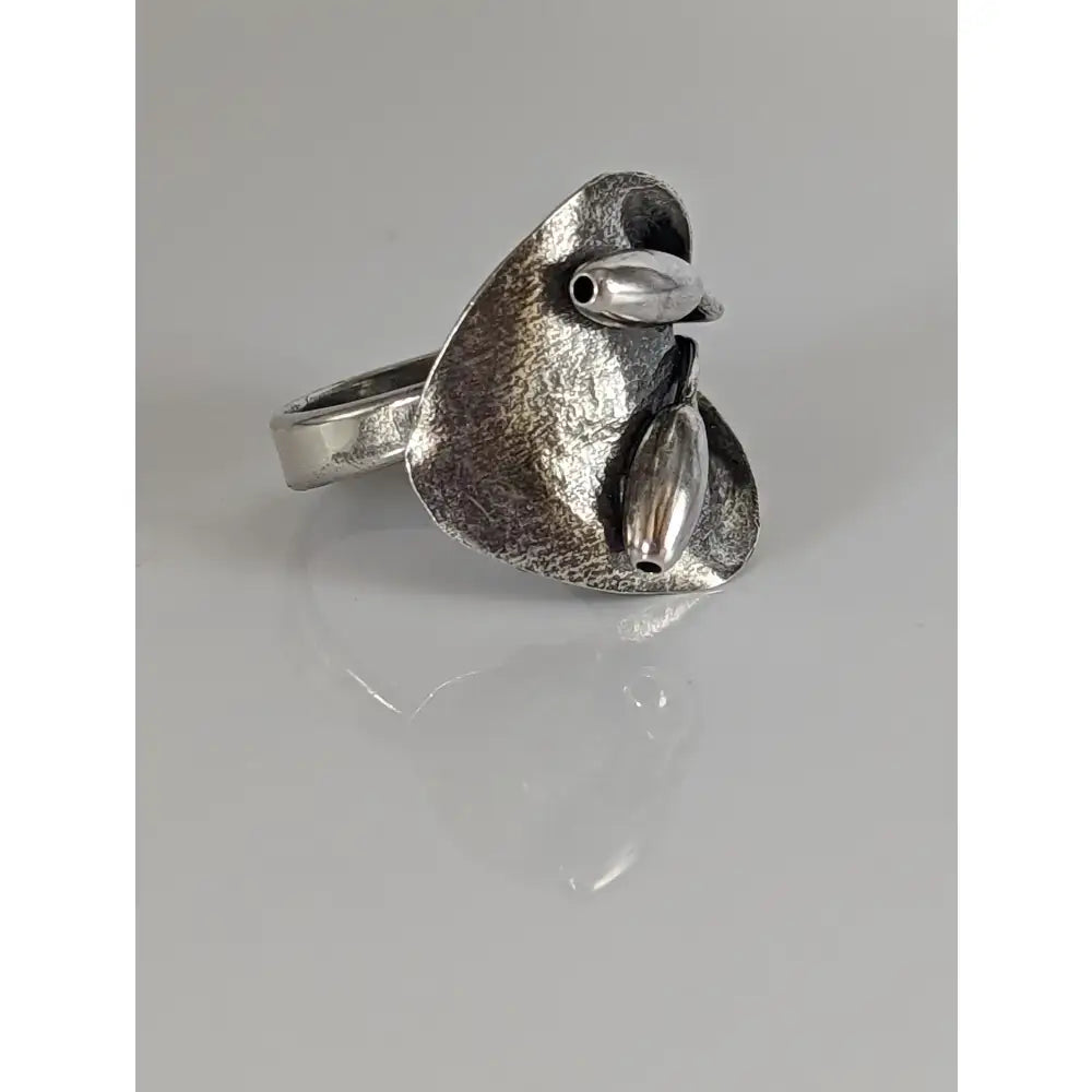 Silver steed big leaf sterling silver ring with textured leaf band and two polished bead-like ornaments