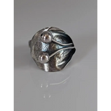 Silver Steed Big Leaf with Ornament Silver Ring Two Ball Shaped Buds Rings