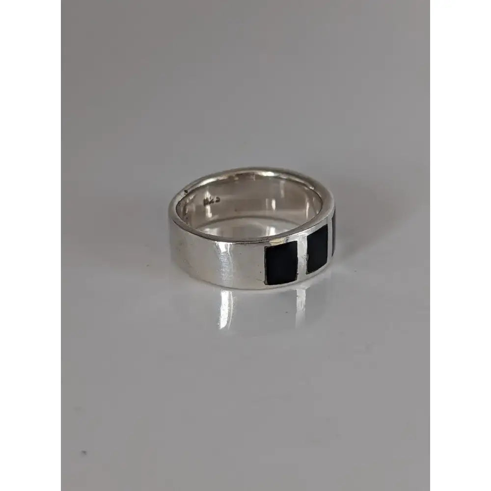 Silver steed black mass silver band ring with two black rectangular inlays perfect for equestrian jewelry fans