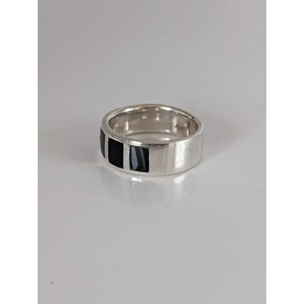 Silver steed black mass silver band ring with three rectangular black inlays perfect for equestrian jewelry fans