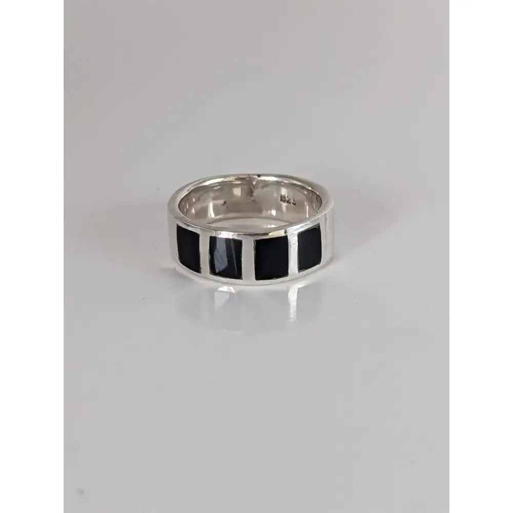 Silver steed black mass silver band ring with four rectangular black onyx inlays in polished metal frame ideal equestrian jewelry