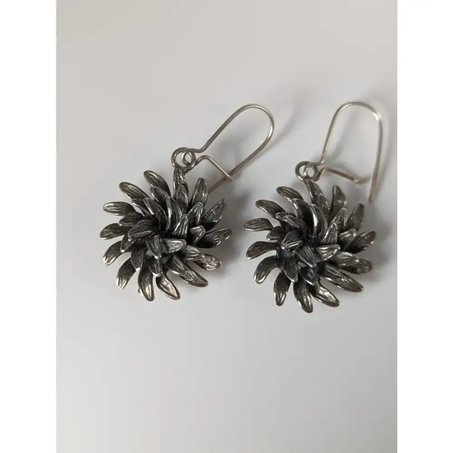 Silver steed chrysanthemum dropped earrings with handmade silver, layered chrysanthemum petals, and hook clasps