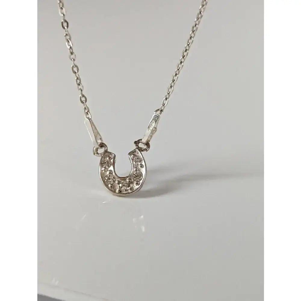 A delicate silver steed crystal horseshoe necklace with sparkling clear stones perfect equestrian jewelry piece