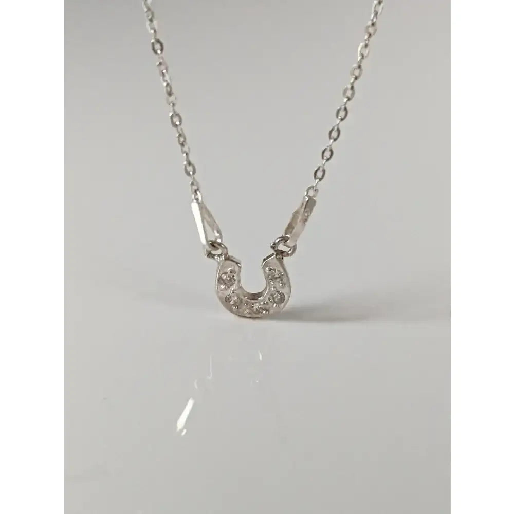 A delicate silver steed crystal horseshoe necklace with sparkling clear stones perfect for equestrian jewelry lovers