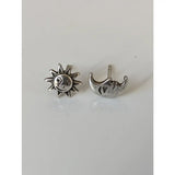 Silver steed day and night stud earrings with smiling sun rays and crescent moon night stud earrings in silver