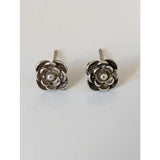 Silver steed delicate rose stud earrings featuring silver rose design with central pearl accent unique designs