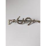 Silver steed double shoe silver brooch with three horseshoe shapes and decorative handles perfect as a stock tie pin