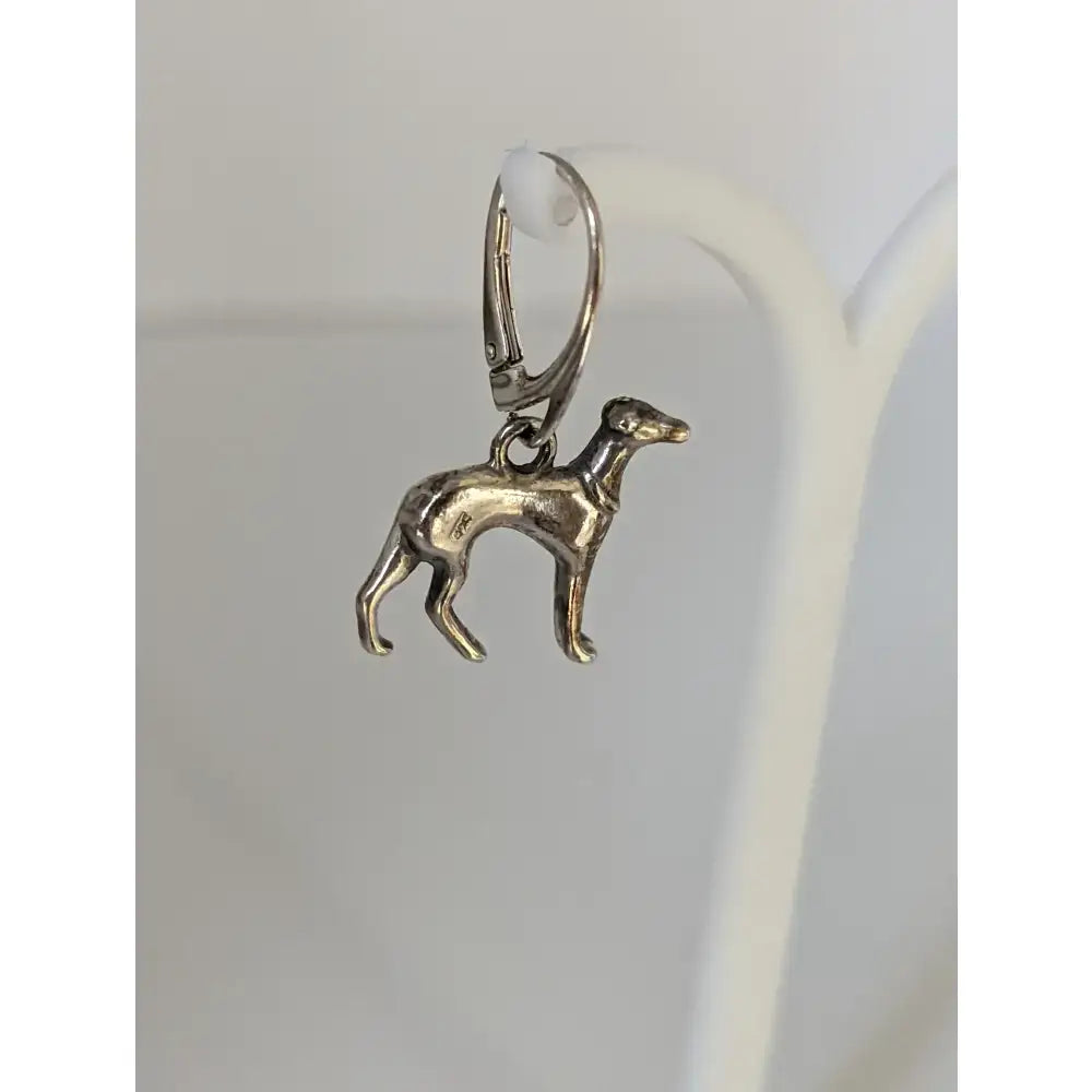 Silver steed dropped greyhound earrings featuring silver-colored finely detailed greyhound charm with lever-back hook
