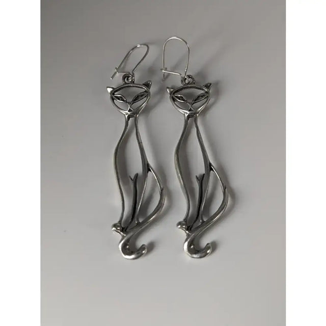 Silver steed feline silver dropped earrings featuring a sleek minimalist silver cat design dangle style