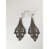 Silver steed filigree crest dropped earrings silver filigree drop earrings with intricate lace patterns and beads