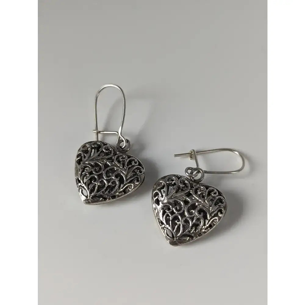 Silver steed filigree heart dropped earrings handmade silver with intricate detailing and secure lever-back closures