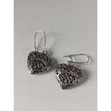 Silver steed filigree heart dropped earrings handmade silver with intricate detailing and secure lever-back closures