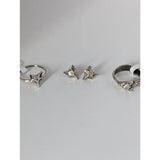 Silver steed fox head stud earrings and adjustable band ring set featuring detailed silver fox head designs