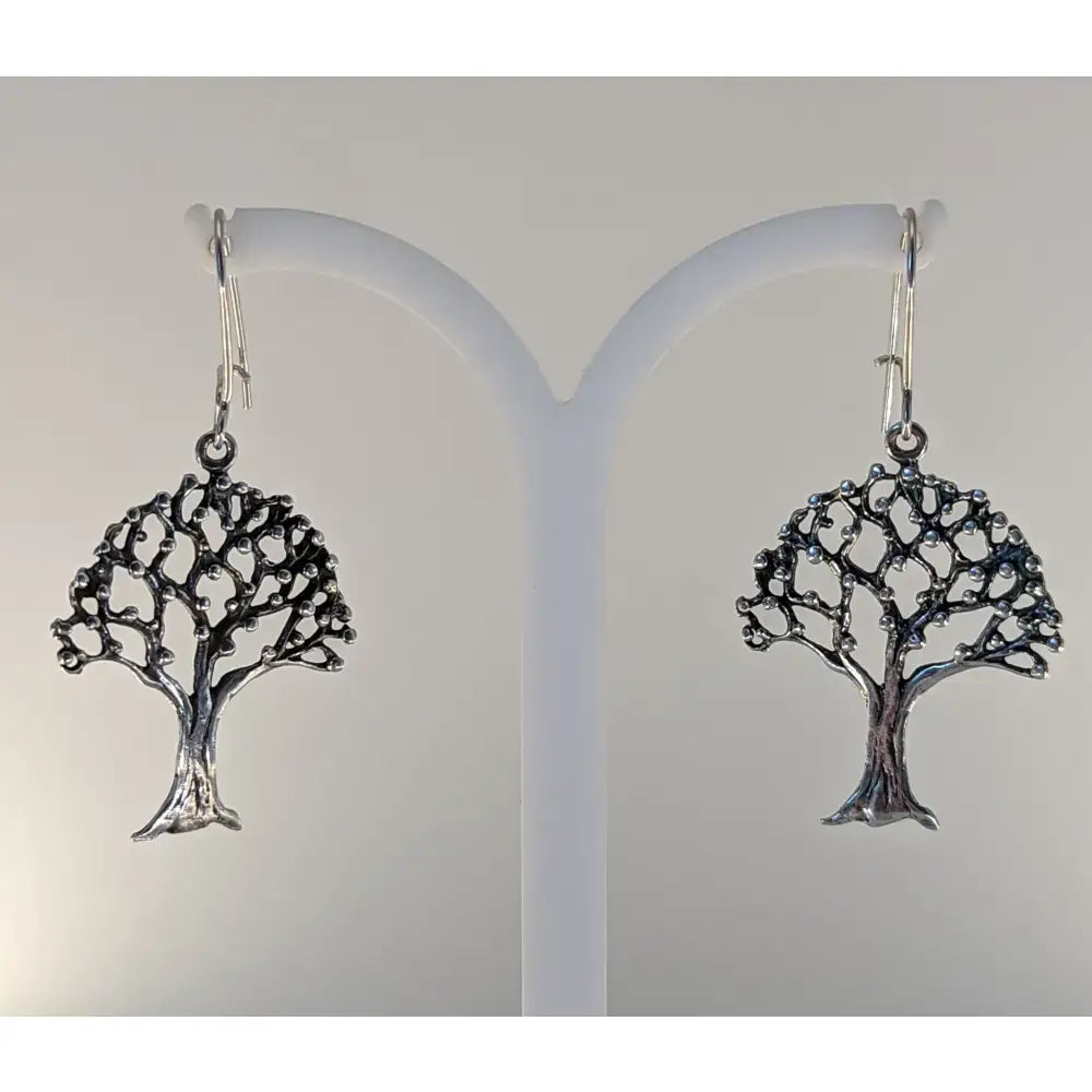 Silver steed fruit tree dangling earrings in sterling silver with intricate branching design and small bead accents