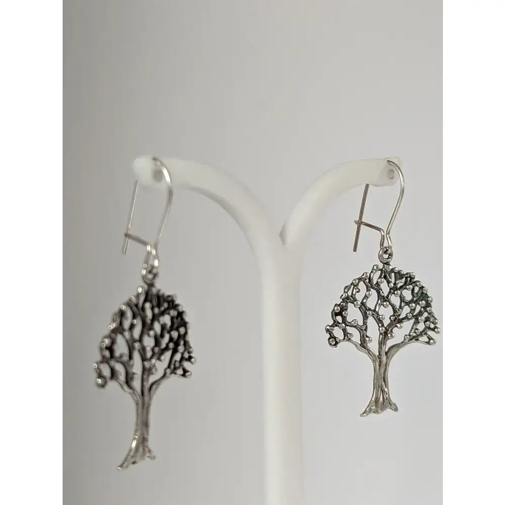 Silver steed fruit tree dangling earrings in sterling silver with intricate detailed branches and leaves