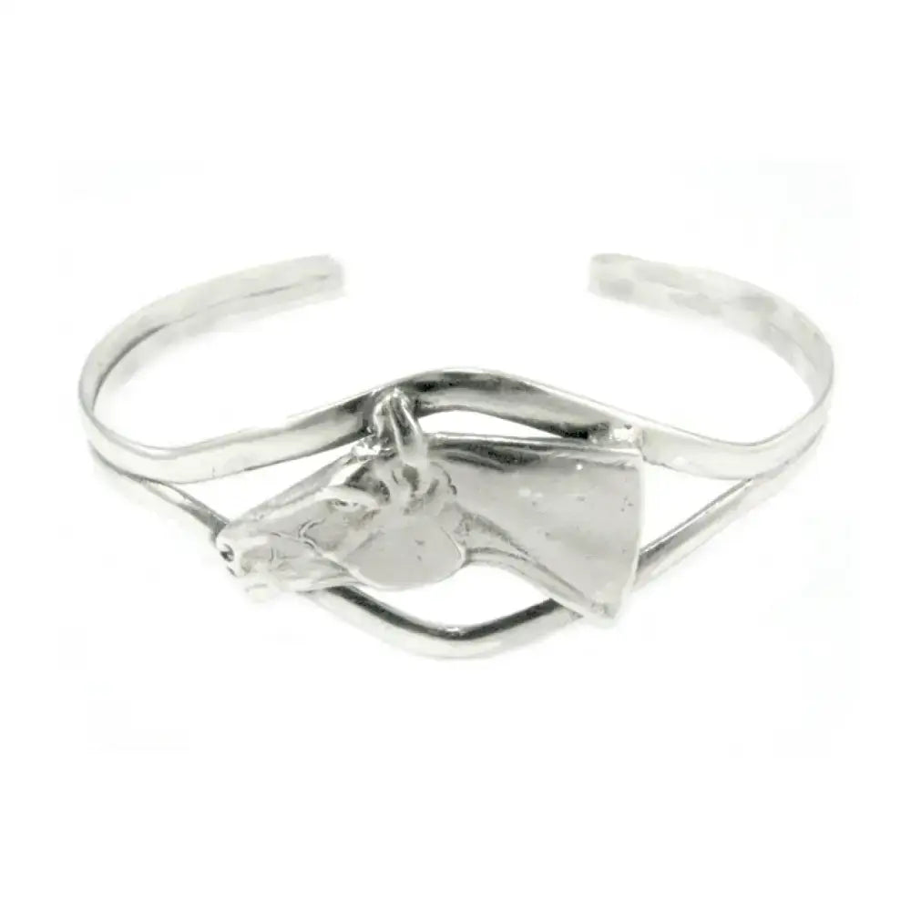 Silver steed horse head bangle with a sleek open design and polished horse head bangle finish