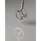 Silver steed horse pendant in silver features a detailed sculpted unicorn inside a circular frame