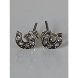 Silver steed horse shoe zirconia stud earrings featuring silver horseshoe shape with clear crystals