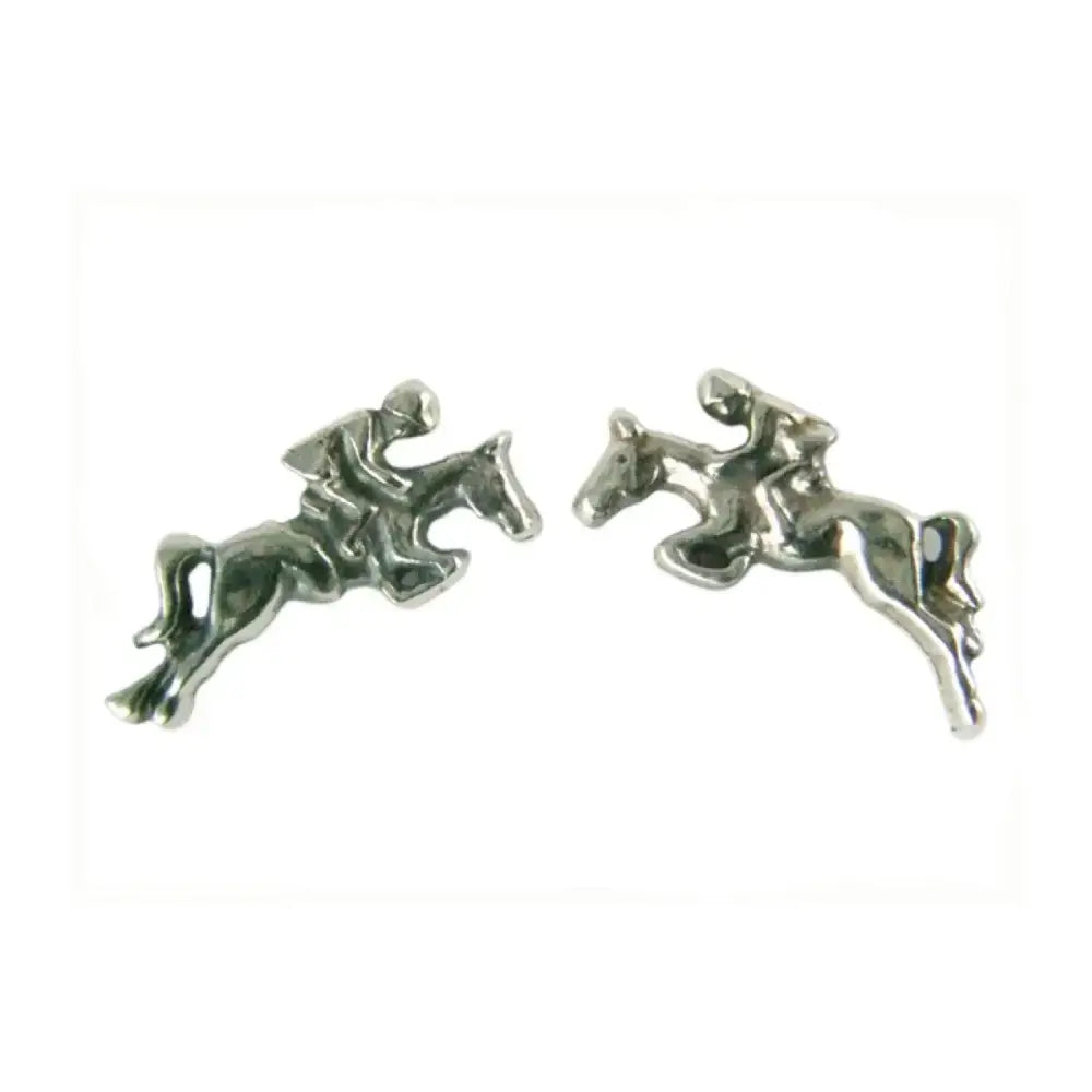 Silver steed jumping sterling silver horse and rider stud earrings capturing a dynamic jumping pose