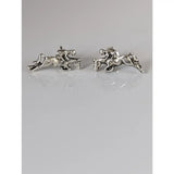 Silver steed jumping sterling silver earring studs with detailed horse and rider figures in mid-gallop design