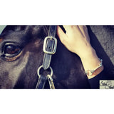 Black leather horse halter with silver toned buckle and rings paired with silver steed large snaffle bracelet sterling silver