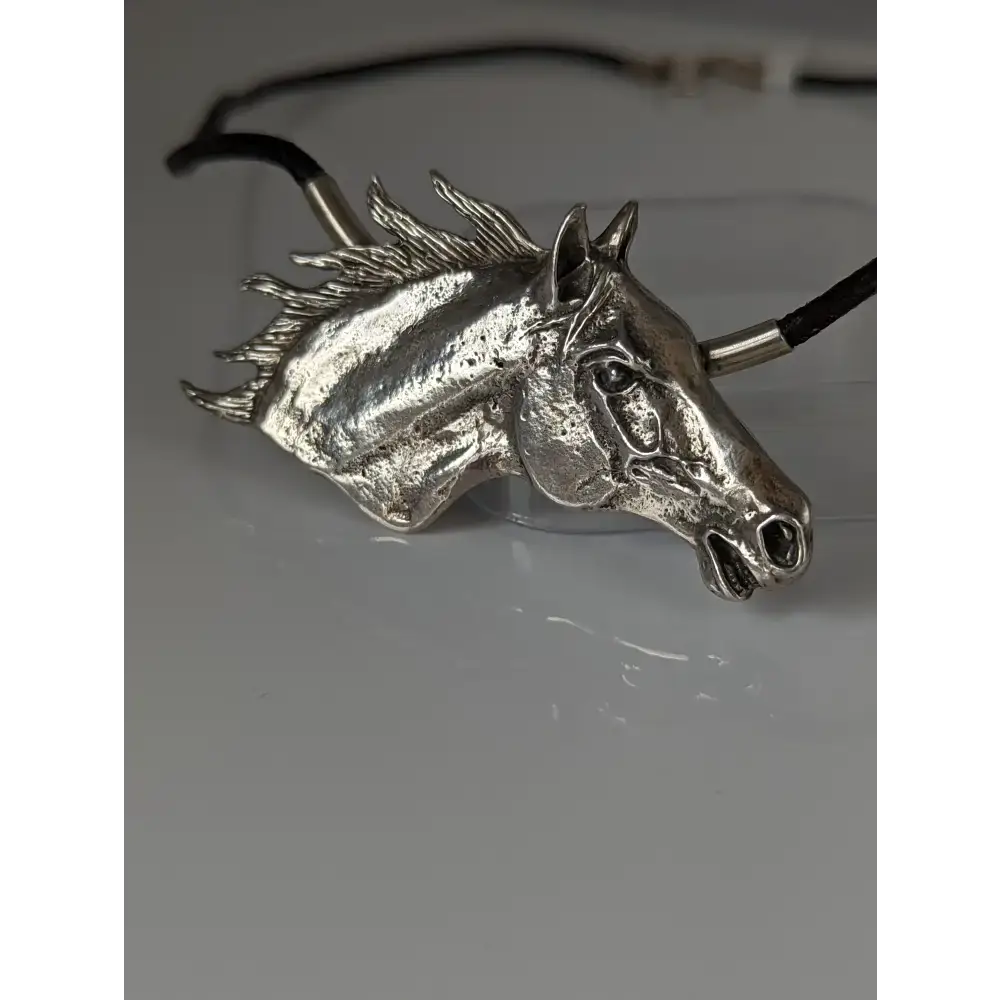 Silver Steed Large Horse Head on Leather Cord Necklace Necklaces