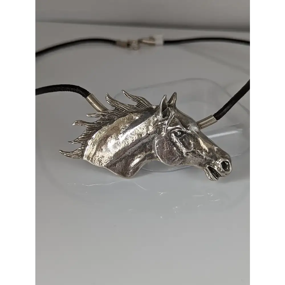 Silver Steed Large Horse Head on Leather Cord Necklace Necklaces