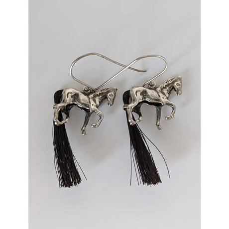 Silver Steed Large Silver Horse Long Earrings with horse hair tail Earrings