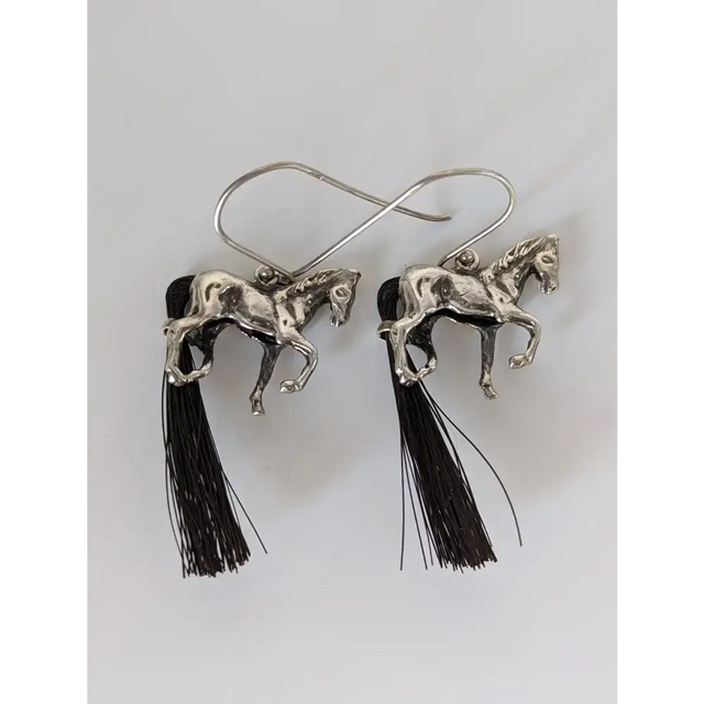 Silver Steed Large Silver Horse Long Earrings with horse hair tail Earrings
