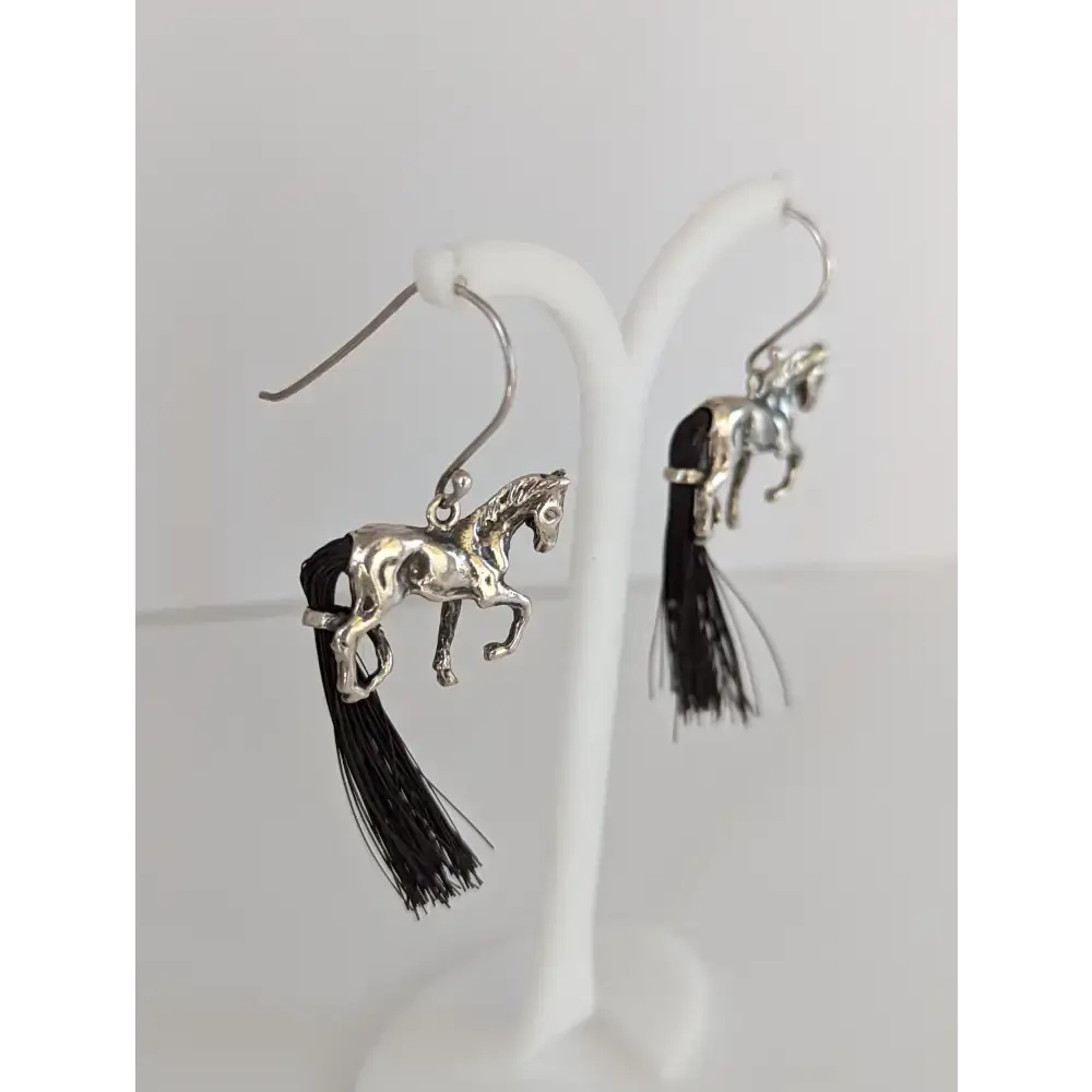 Silver Steed Large Silver Horse Long Earrings with horse hair tail Earrings
