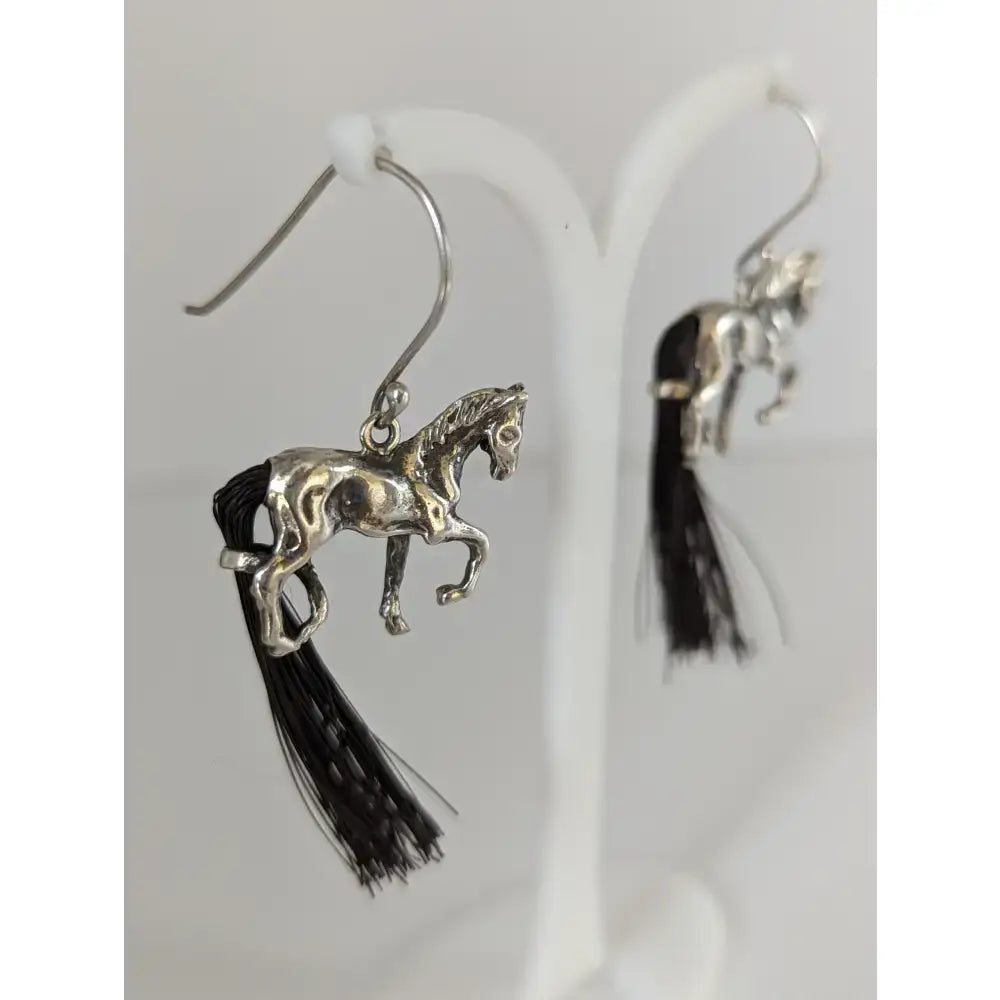 Silver steed large silver horse long earrings with black horse hair tassels for a bold statement look
