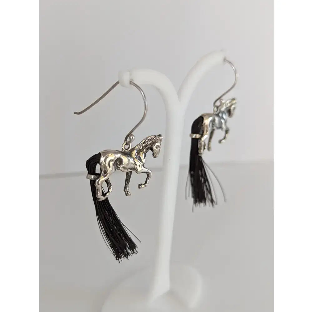 Silver steed large silver horse long earrings with black tassels and horse hair tail detail