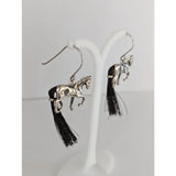 Silver steed large silver horse long earrings with black tassels and horse hair tail detail