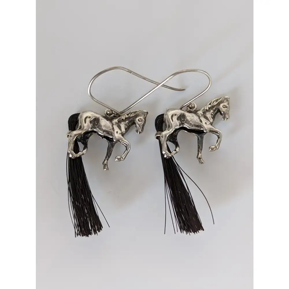 Silver steed large silver horse long earrings with black tassels and horse hair tail for statement style